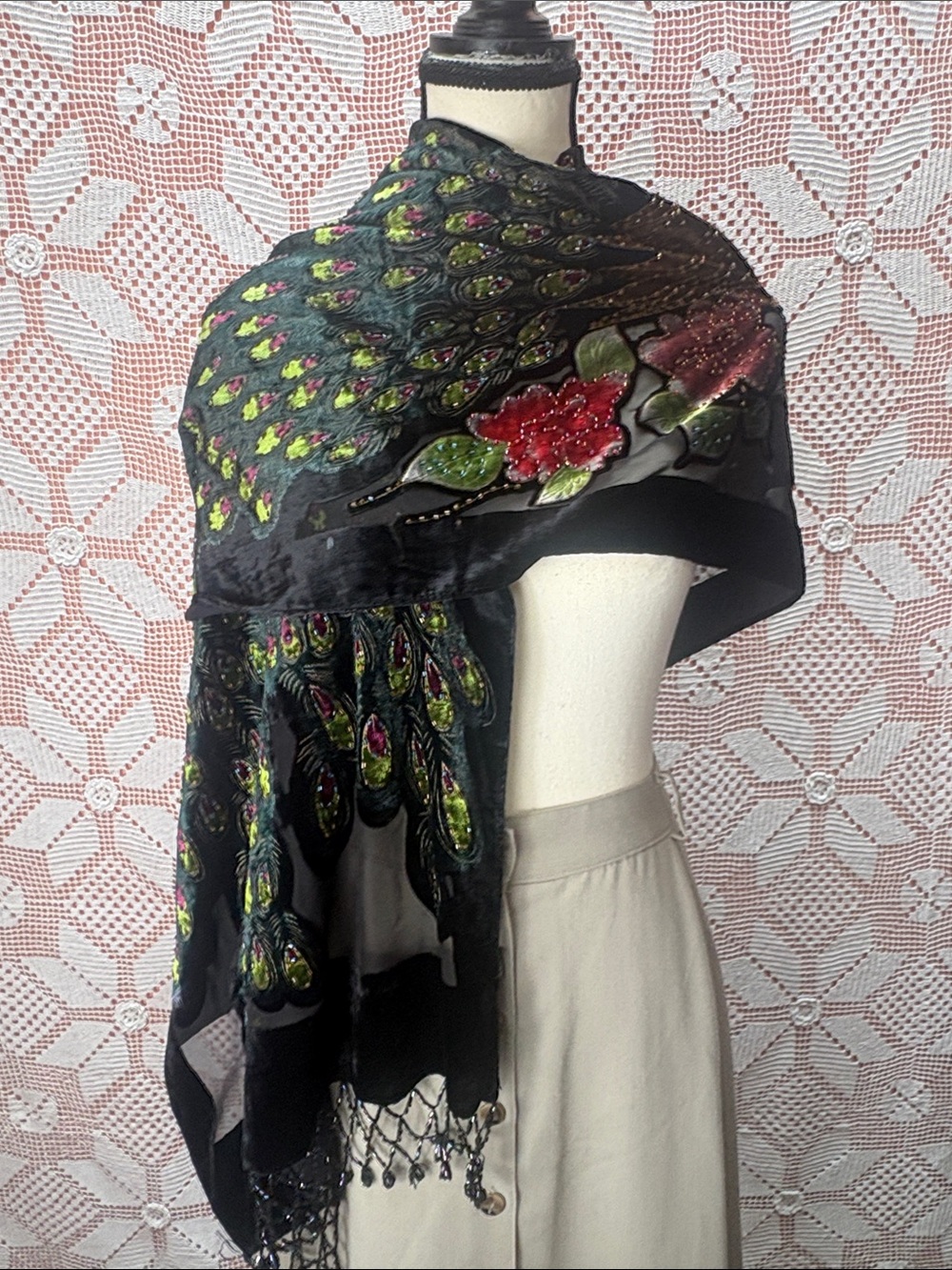 Beaded Silk Blend Velvet Peacock Shawl